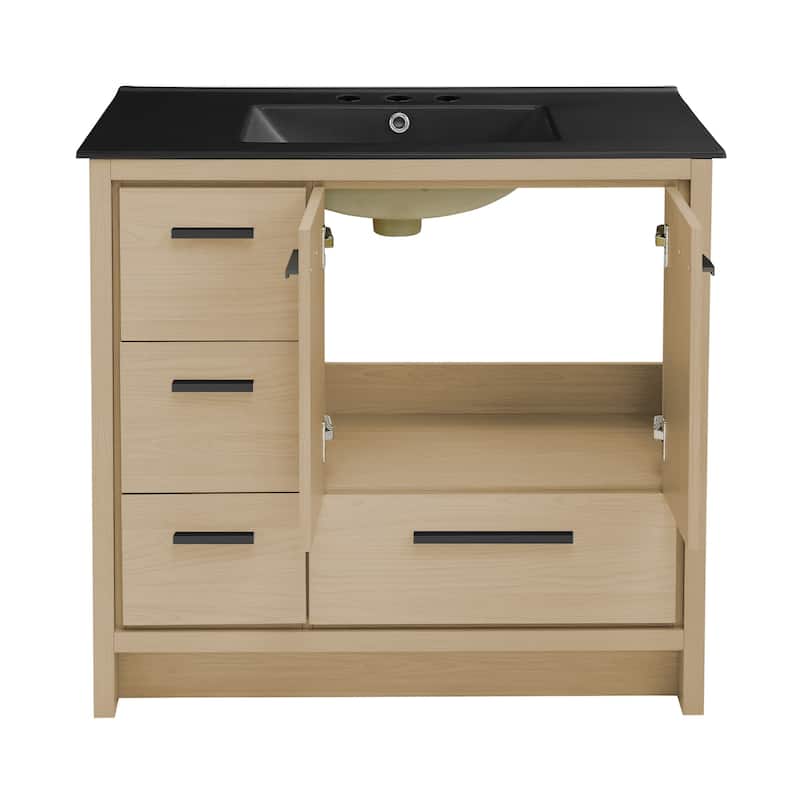 Virage 36 In. Brown Oak Bathroom Vanity With Black, 3-Hole Ceramic Sink Top