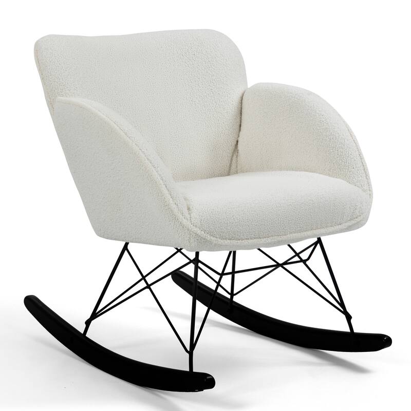 Ayan White Boucle Rocking Chair with Black Legs - White