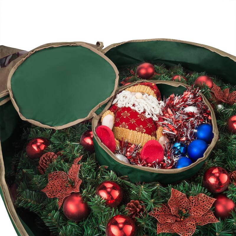 Wreath Storage Container - Holds 48-Inch Artificial Wreath with Compartment for Ornaments by Elf Stor (Green)