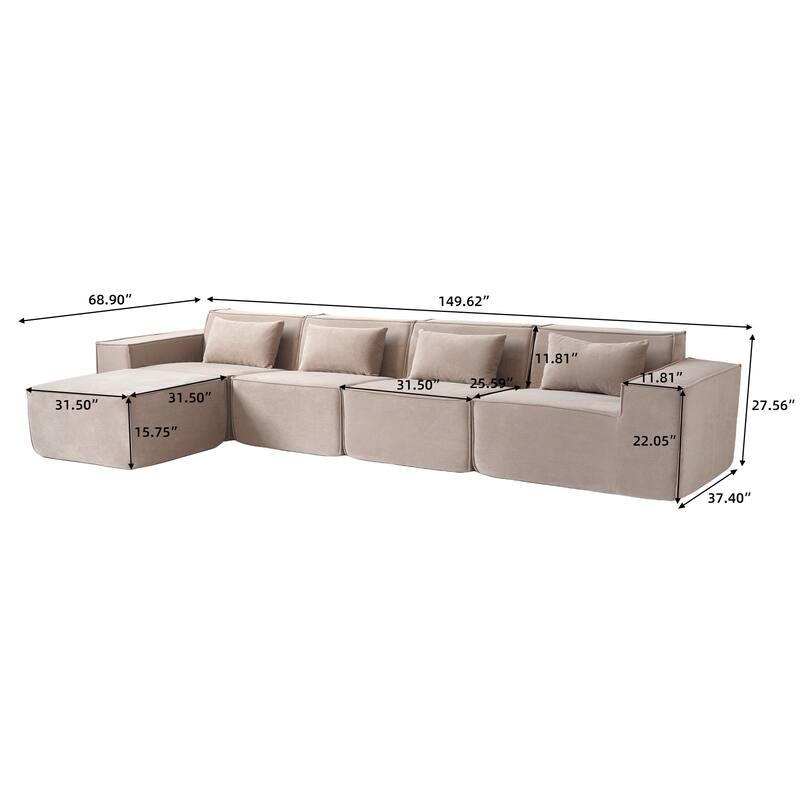 5-Seat L-Shape Modular Sectional Corduroy Sofa Multiple Cushions