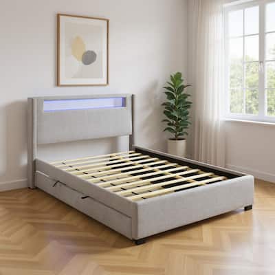 HomeRoots Light Gray Tufted Boucle Lighted Queen Bed Frame With Trundle And USB And Drawers