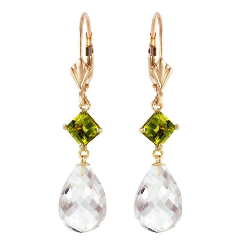 14K Solid Gold Leverback Gemstone Earrings w/ Peridot & Rose Topaz
