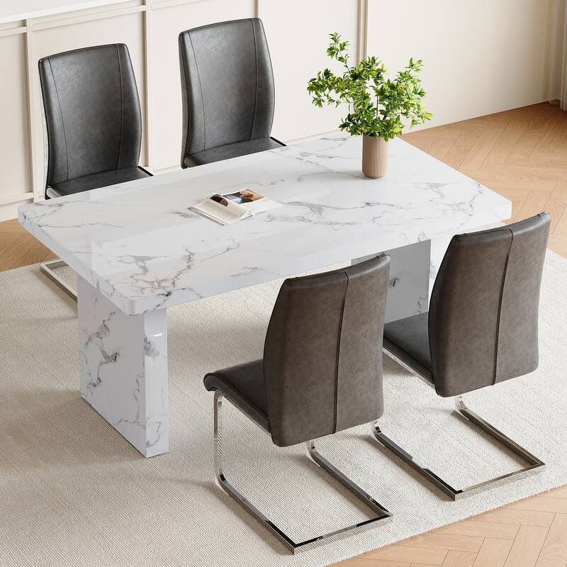 5 Piece Rectangular Dining Table Set, Modern 63" Imitation Marble Dining Table w/ 4 PU Upholstered Chair for Kitchen