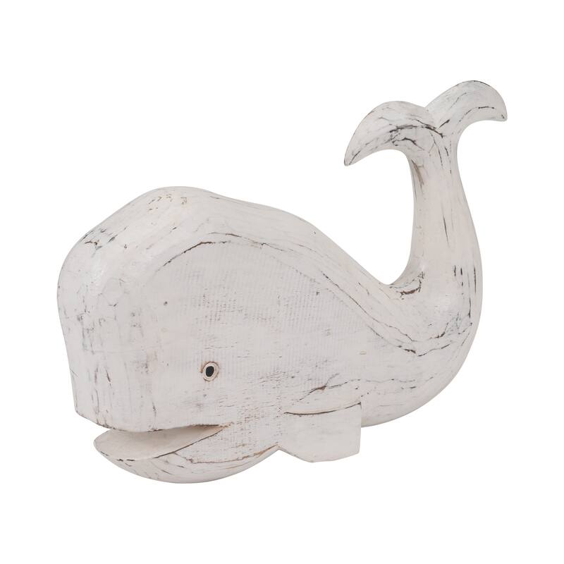 Handcrafted Wooden Whale Figurine Sculpture - 15", White - 15.0"