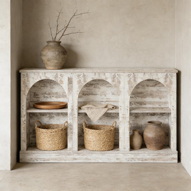 63" Rustic Arched Console Table with 3-Tier Open Shelving - Distressed White