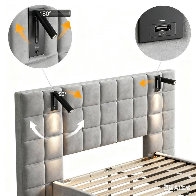 3-Pieces Bedroom Sets,Velvet Upholstered Bed with Grid Pattern Padded Headboard, Nightstands Set of 2 with 2 Drawers
