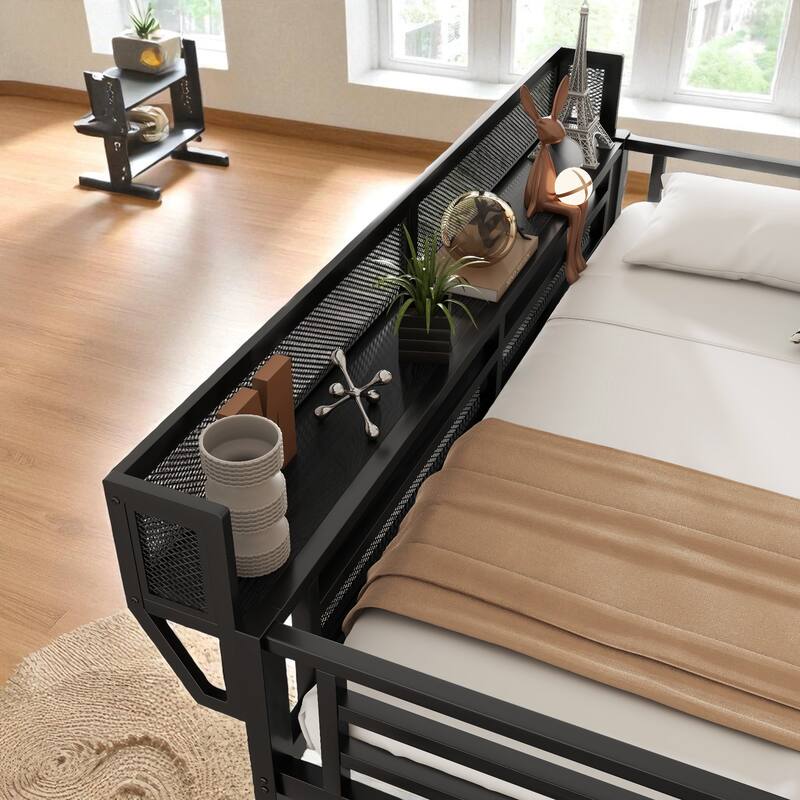 Twin XL Metal Loft Bed with Stairs, Storage Shelves and Wardrobe, High Loft Bed with Under-Bed Space