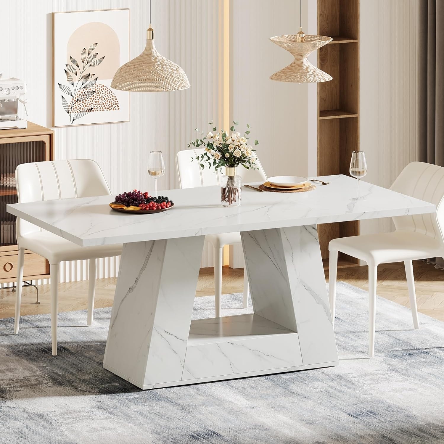 63 Inch Modern Faux Marble Dining Table for 4 to 6 People with Sturdy Base - White