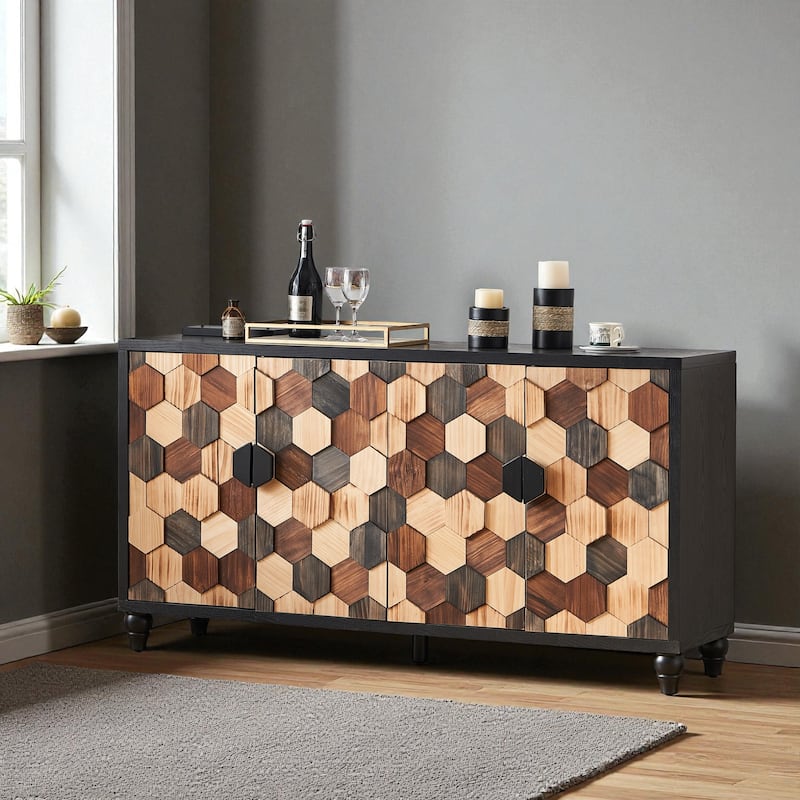 59" Modern Distressed Honeycomb Wood Storage Cabinet with Doors, Accent Buffet Sideboard for Living Room or Entryway