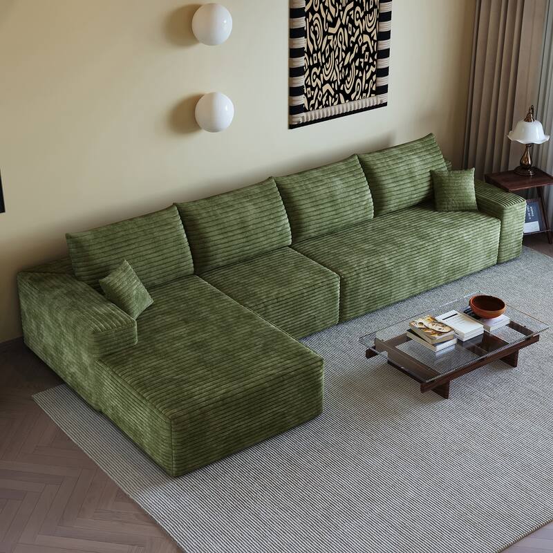 Plush Corduroy Upholstered L-shaped Sectional Sofa with Chaise, Modular Deep Seat Couch with Pillows for Living Room
