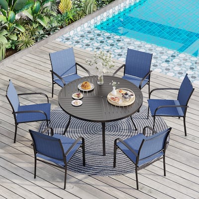 MAISON ARTS 7-Piece Patio Dining Set for 6, Large Round Dining Table with Umbrella Hole & Textilene Dining Chairs