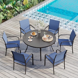 MAISON ARTS 7-Piece Patio Dining Set for 6, Large Round Dining Table with Umbrella Hole & Textilene Dining Chairs