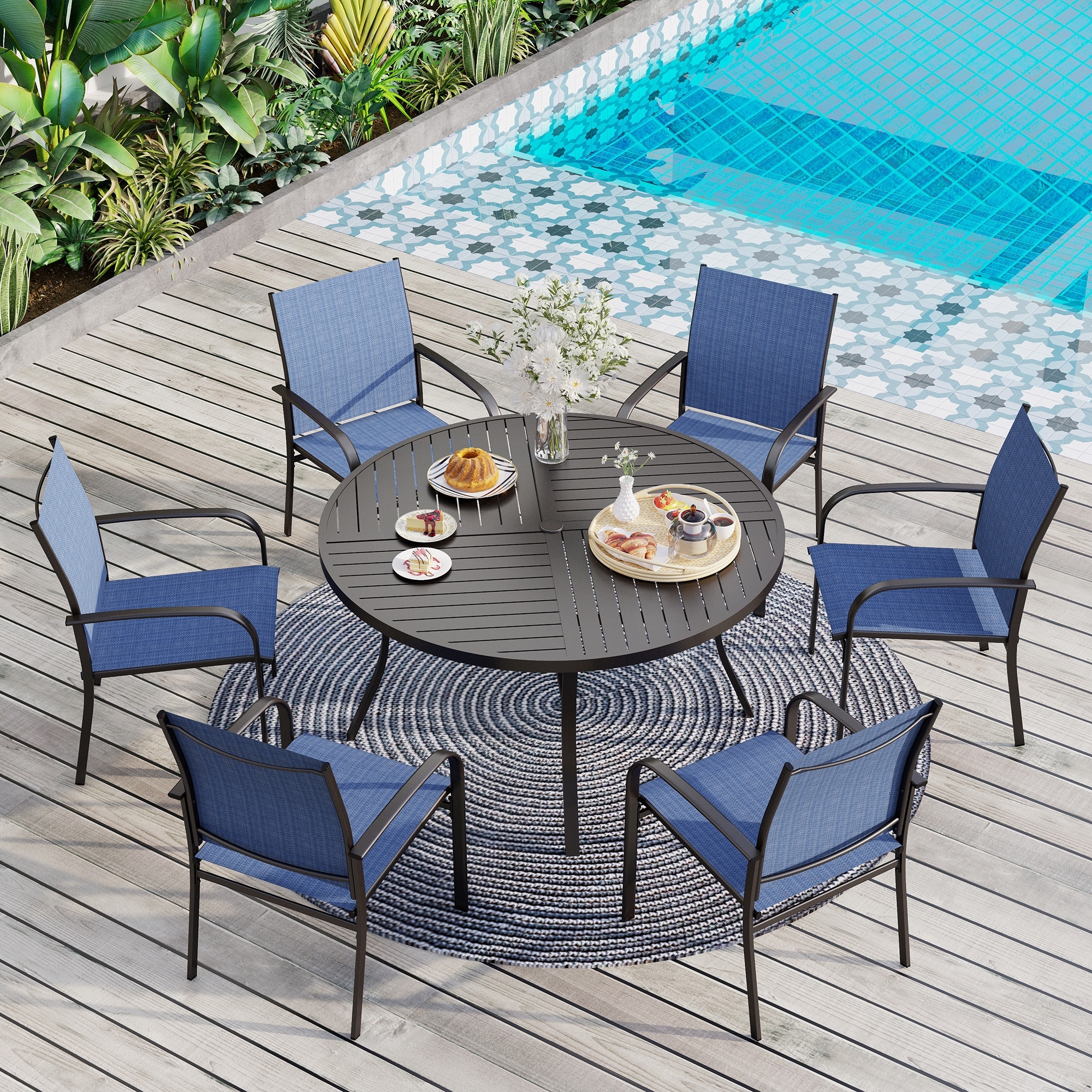 MAISON ARTS 7 Pieces Patio Dining Set for 6, Large Round Dining Table with Umbrella Hole & Textilene Dining Chairs