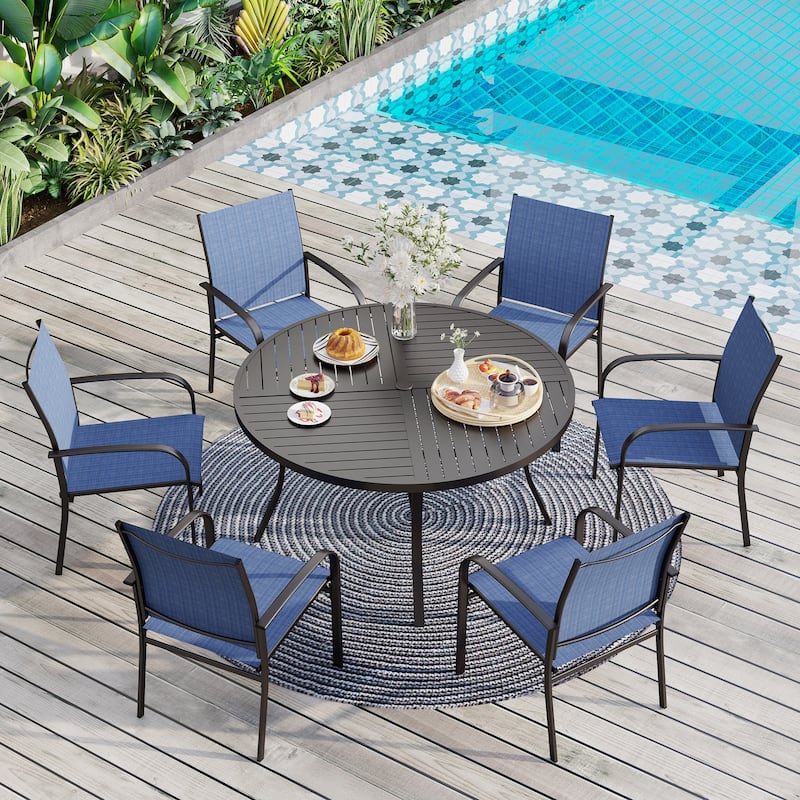 MAISON ARTS 7-Piece Patio Dining Set for 6, Large Round Dining Table with Umbrella Hole & Textilene Dining Chairs - Blue Chairs