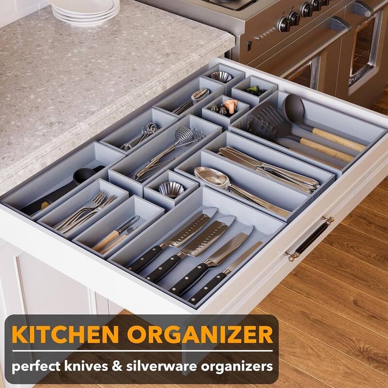 14-Piece Bamboo Drawer Organizer Storage Boxes Set, Wood Tray Junk Drawer Organizers Multi-Use Divider Bins