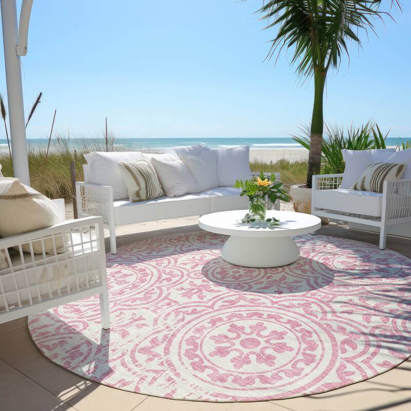 Machine Washable Indoor/ Outdoor Chantille Suzani Vintage Rug - Pink - 8' x 8'