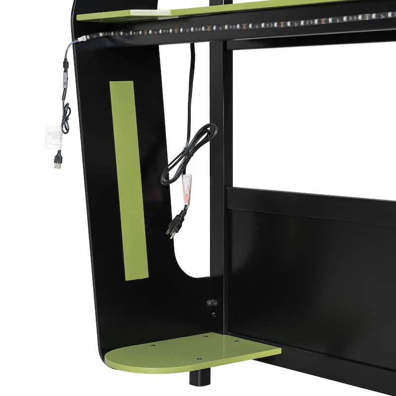 Esports Loft Bed Full Over Full Bunk Bed Frame with Side Mounted Desk, Light Strip, Charging Station and Cable Grommet