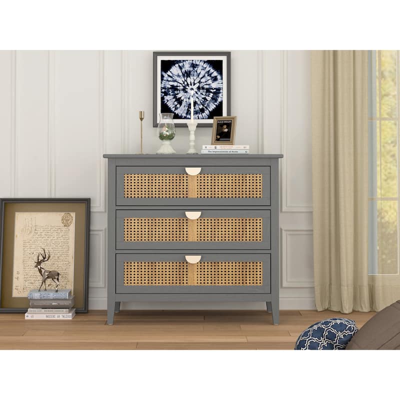 3-Drawer Bachelors Chest Cabinet with Hollow-Carved, Natural Rattan, American Furniture, Suitable for Bedroom, Living room
