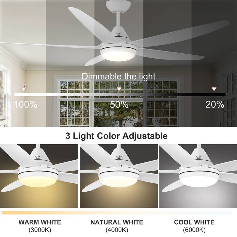 56 in. Dimmable Integrated LED Indoor&Outdoor White Ceiling Fan with DC Motor and Remote - 56 INCHES