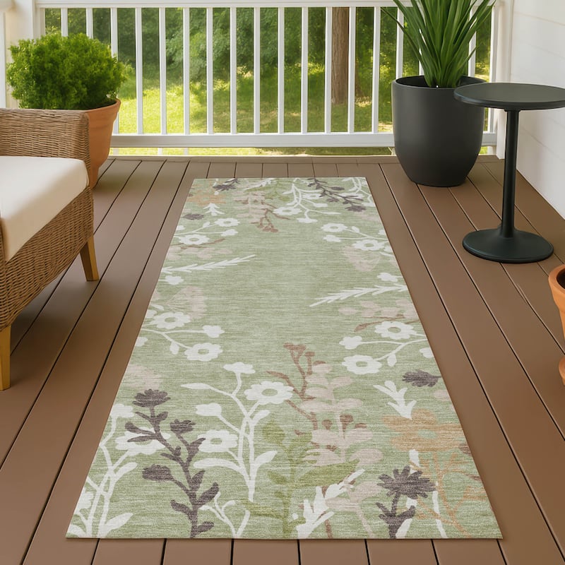 Machine Washable Indoor/ Outdoor Floral Border Chantille Rug - Aloe - 2'3" x 7'6"