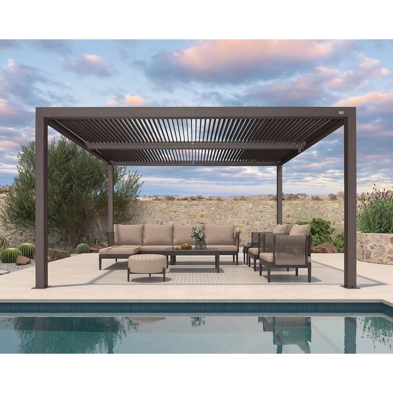 PURPLE LEAF Bronze Louvered Pergola with Adjustable Roof for Deck Backyard Garden Hardtop Gazebo - 12' x 14' - Bronze