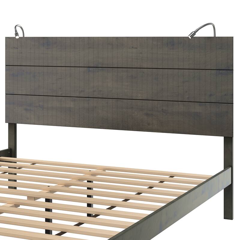 Farmhouse Wooden Platform Full Size Bed, Modern Platform Bed with Two Bedside Lights