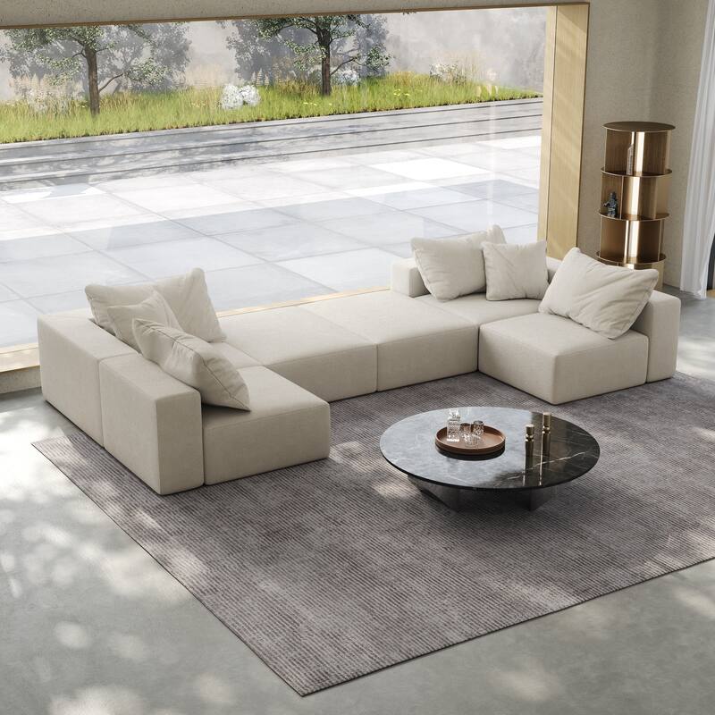Oversized Chenille Upholstered Sectional Sofa Set Modular Couch Cloud Sleeper Sofa Bed with Ottomans and Pillows for Living Room