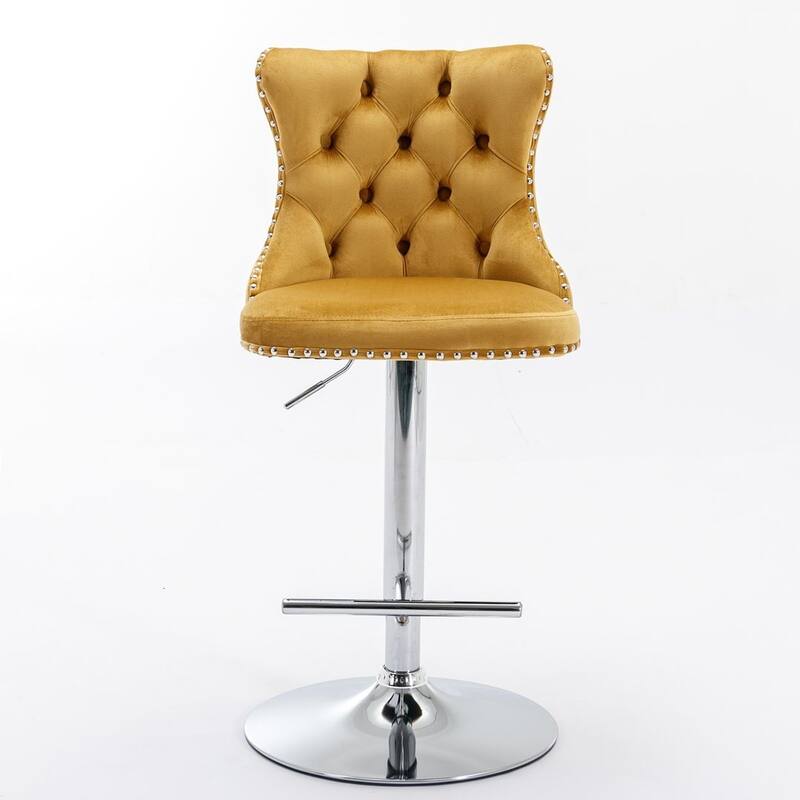 Bar stools with Backs Luxurious Velvet Swivel - Adjustable Height, Set of 2 - Silver + Gold
