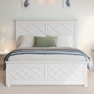 Coastal Farmhouse King Size Solid Wood Kids Bed Frame, Rustic Panel Design, No Box Spring Needed, Easy Assembly, Antique White