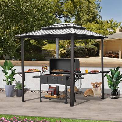 Aluminum BBQ Gazebo Outdoor Metal Frame with Shelves Serving Tables, Permanent Double Roof Hard top Gazebos - 8" x 6"