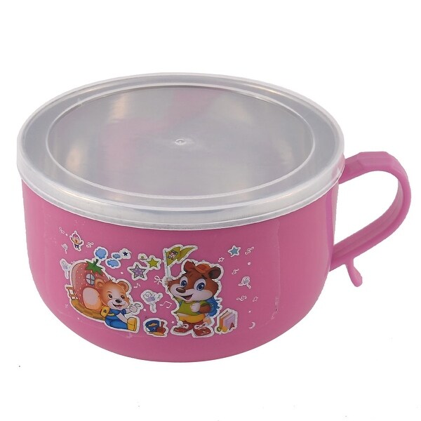 Unique Bargains School Picnic Double Layers Cartoon Pattern Food Lunch Box Fuchsia w Spoon