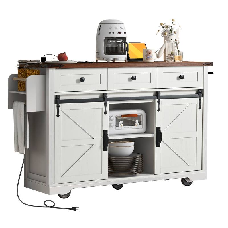 Anmytek Farmhouse Kitchen Island Cart with Drop Leaf and Power Outlets - Rolling Cart with Barn Doors and Metal Grid Side Door