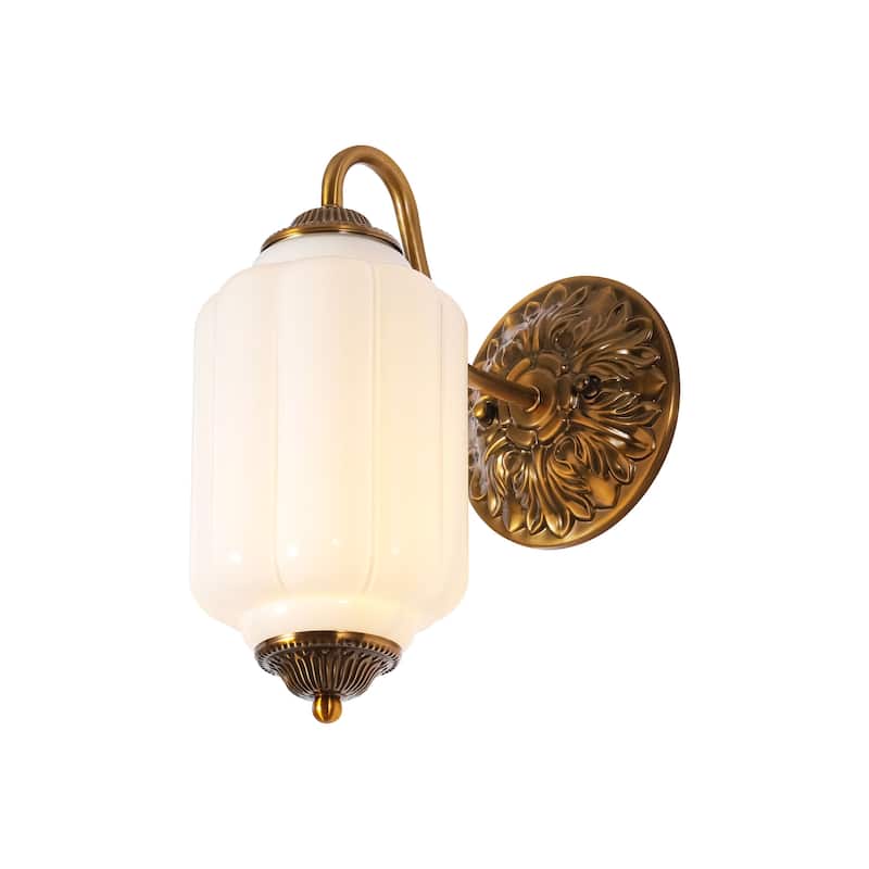 1-Light Vintage Aged Antique Brass Finish Lantern Shaped Wall Light with Milk/Green Glass for Bedroom, Hallways