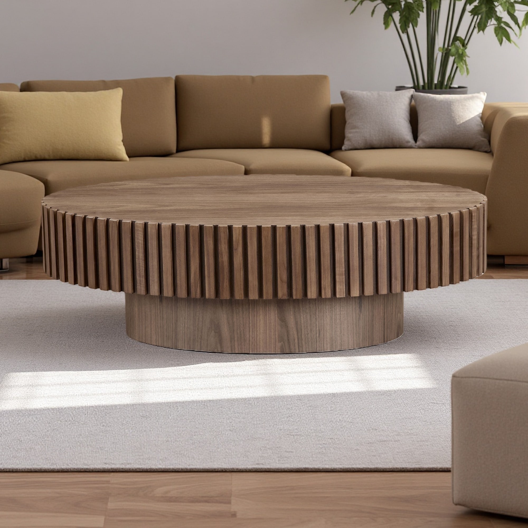 43.7" Modern Handcraft Oval Coffee Table, Natural Ash MDF, Sturdy Pedestal, Small Living Room & Bedroom Table