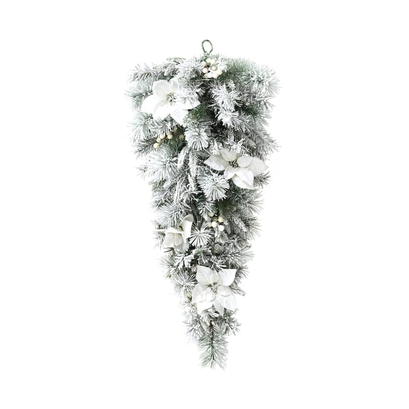Glitzhome 3ft Pre-Lit Flocked White Poinsettia and Berries Christmas Teardrop