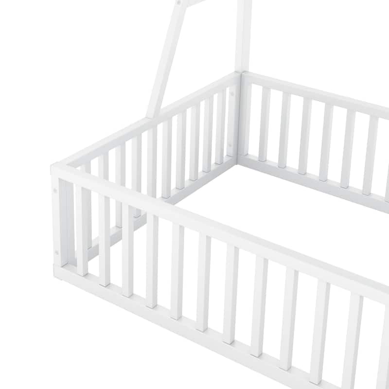 Floor Bed Frame with Safety Fence, Metal Floor Bed with Desk and Storage Shelves