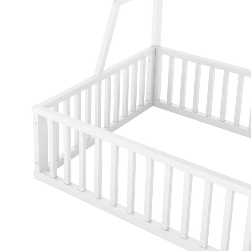 Twin Size Metal Floor Bed Frame with Safety Fence, Desk and Storage Shelves, Kids Playhouse, White