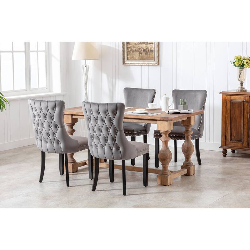 Upholstered Wing-Back Dining Chair with Backstitching Nailhead Trim and Solid Wood Legs,Set of 2,