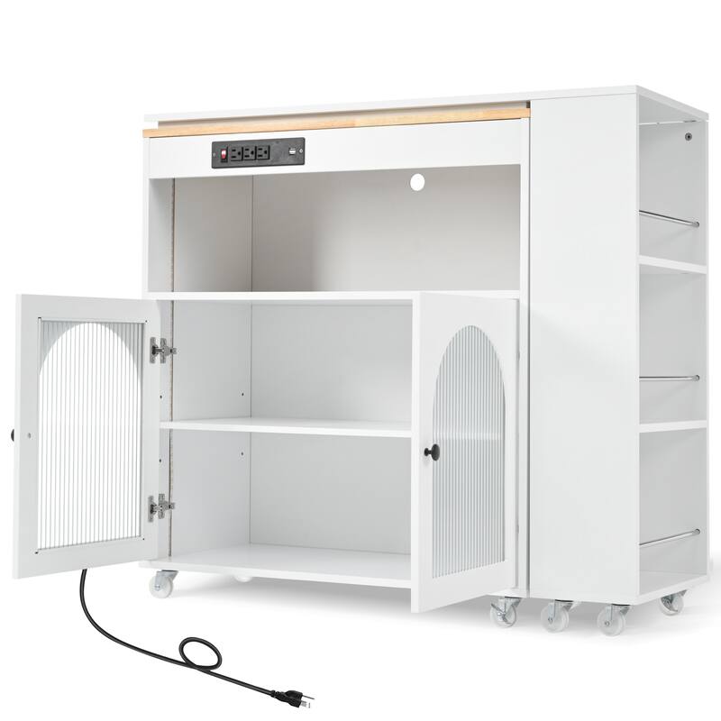 Rolling Kitchen Island With Extended Table, Kitchen Island on Wheels with LED Lights,Power Outlets and 2 Fluted Glass Doors