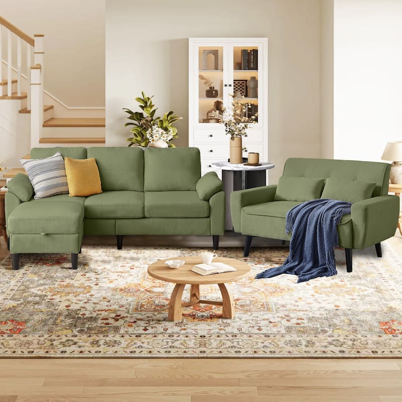 3-Piece Living Room Sectional Sofa Set with Loveseat and Ottoman - Green