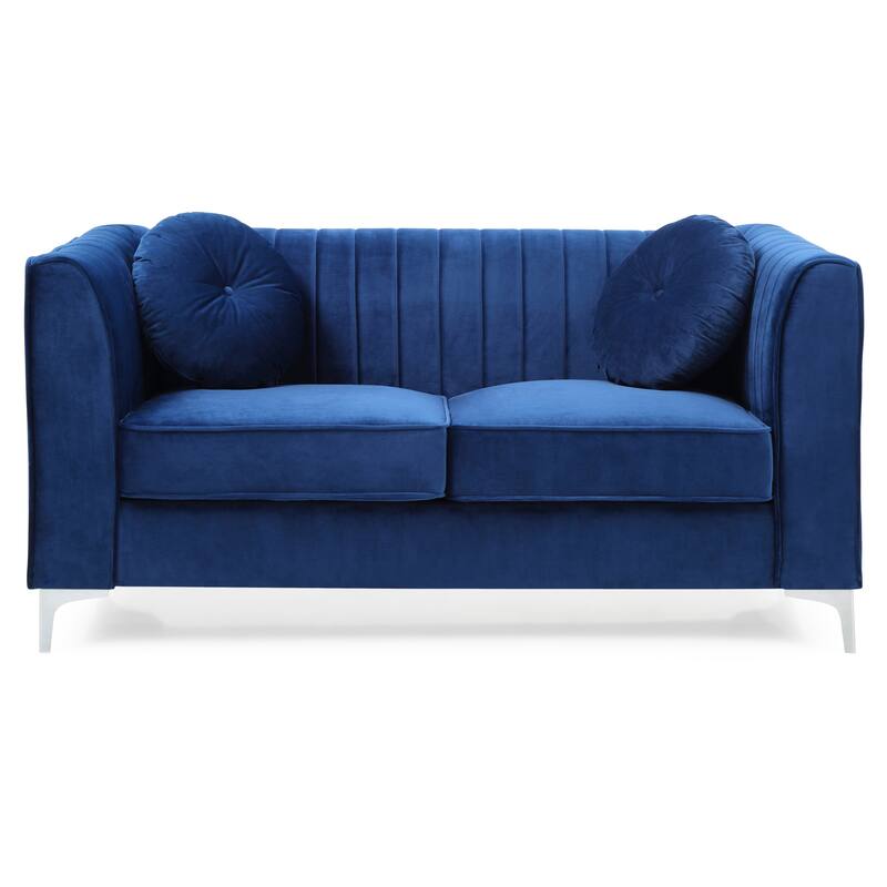 Roomfitters Velvet Loveseat, Sloped Arms, Channel-Tufted 2-Seater Sofa, Modern Glam Couch, Silver Metal Legs