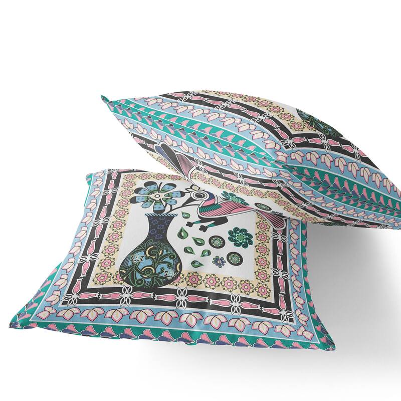 HomeRoots Set of Two 16" X 16" Black and Gray Peacock Blown Seam Floral Indoor Outdoor Throw Pillow - 16.00' X '16.00' X '5.00