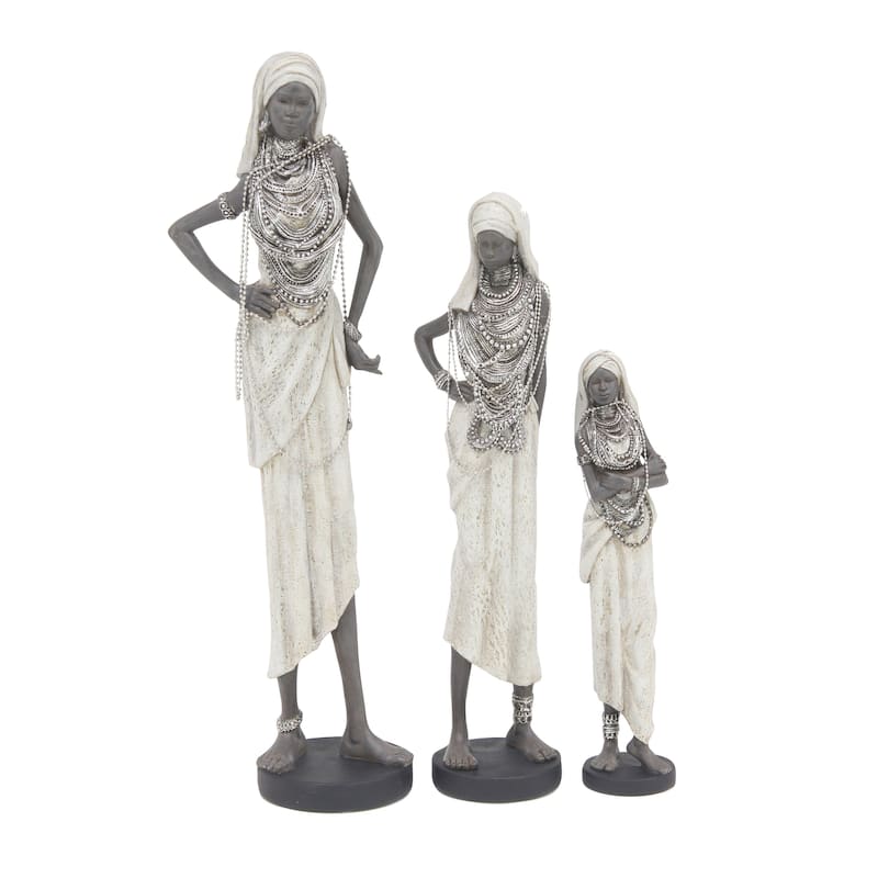 White Polystone Handmade Standing African Woman Decorative Sculpture with Intricate Jeweled Details (Set of 3)