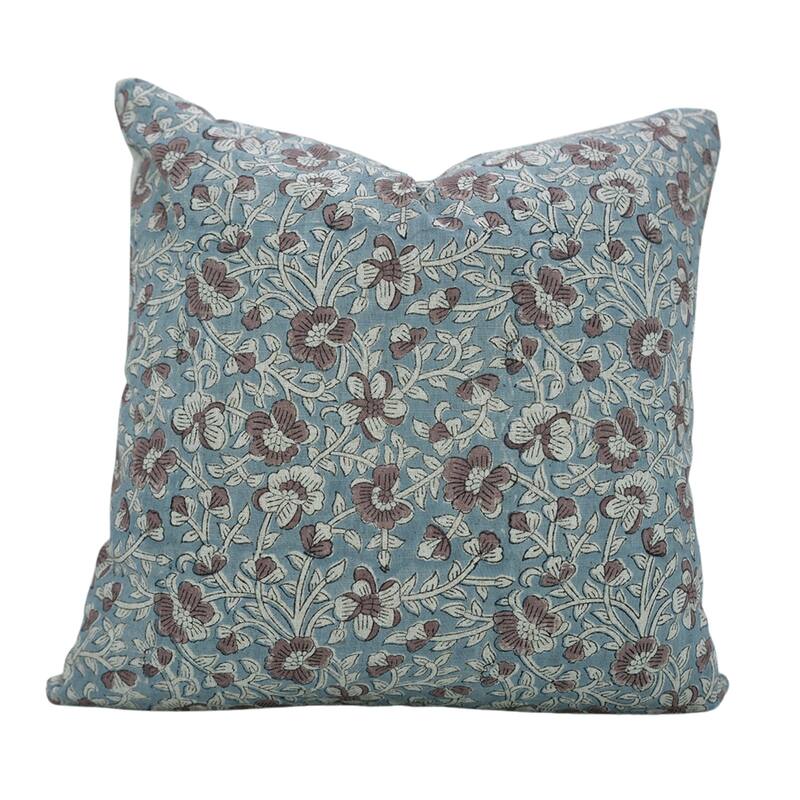 Fabdivine Decorative Floral Pillowcase Handmade Linen Block Print Accent for Sofa Kids Bed Rust Spring Décor, Sadabahar - Saundrya- Blue, Brown - 22" x 22"