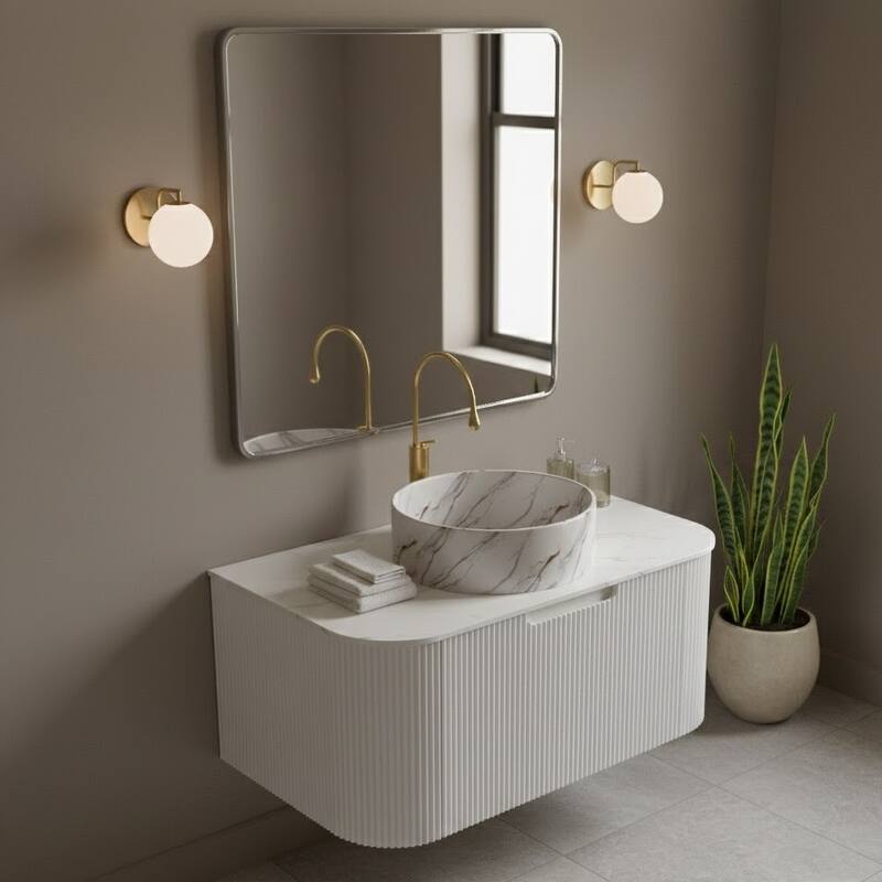 Floating Bathroom with Round Ceramic Basin and Storage Drawer