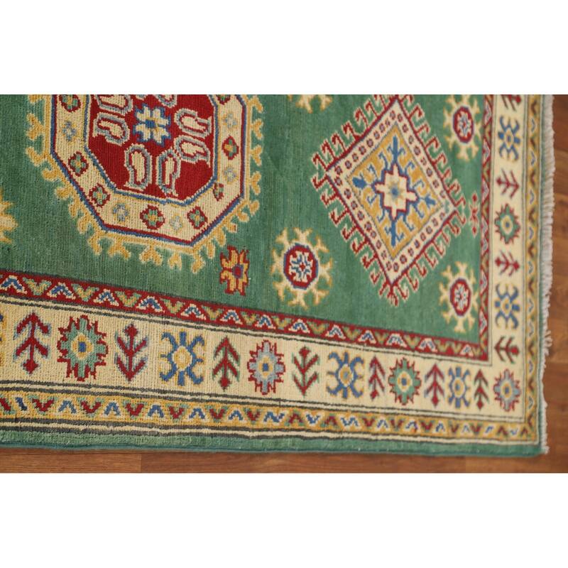 Green Geometric Kazak Runner Rug Handmade Wool Carpet - 2'8" x 16'2"
