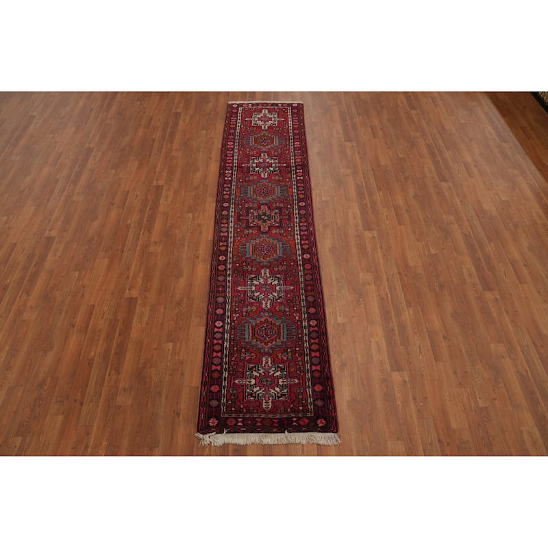Hand Knotted Oriental 100% Wool Carpet Traditional Tribal Red Gharajeh Runner Rug - 9' 7'' X 2' 3''