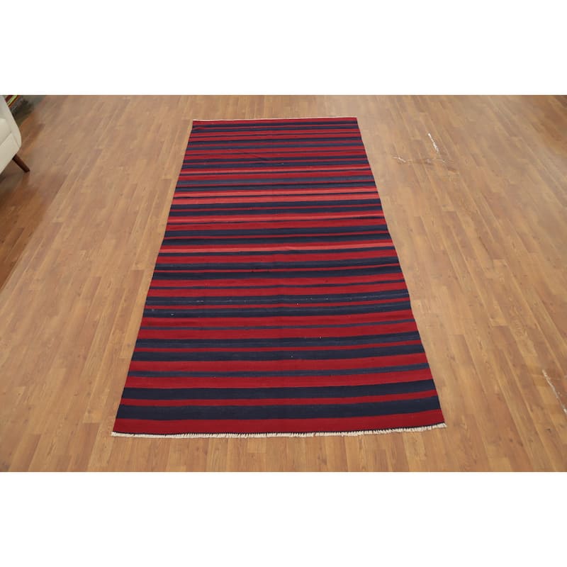 Hand Woven Oriental 100% Wool Carpet Southwestern Modern Red Kilim Area Rug - 9' 10'' X 4' 9''