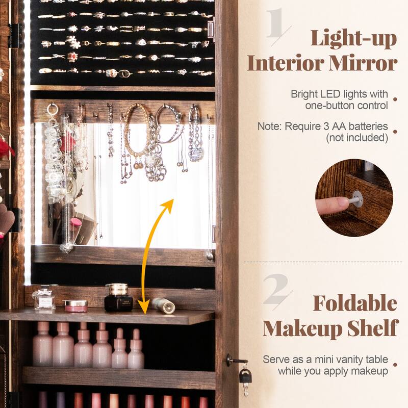 4 Drawers Multipurpose Jewelry Storage Cabinet with LED Light Dropleaf Board and Full-Length Mirror