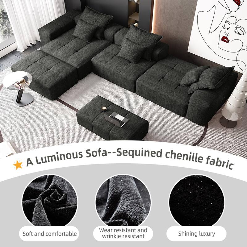 184.25" Oversized Modular Sectional Sofa Chenille Fabric Soft Cushion Sofa with 6 Pillows,No Assembly Required